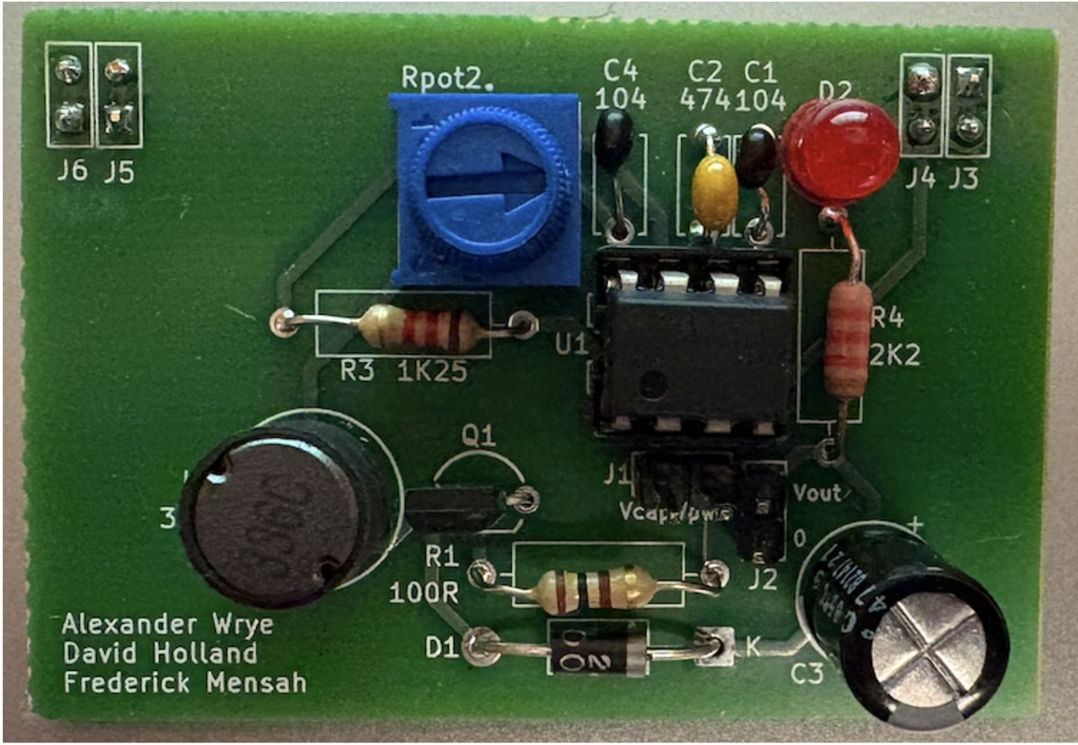 The fabricated two-layer PCB, showing the 555 timer, trimmer potentiometer, 33mH inductor, diode, and 100 microfarad output capacitor