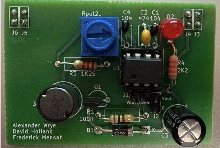 The fabricated boost converter PCB: a 555 timer, blue trimmer potentiometer, 33mH inductor, and electrolytic output capacitor on a green two-layer board