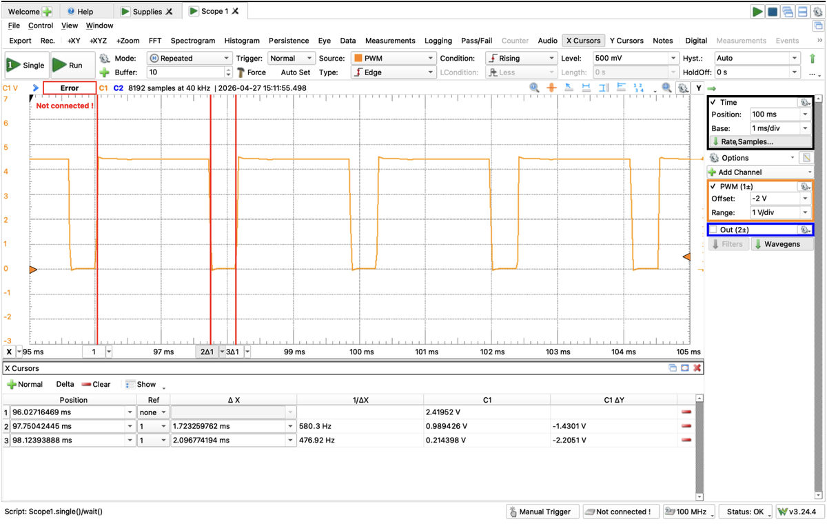 Analog Discovery 2 scope capture of the PWM signal, with cursors marking a 1.72ms high time and a 2.10ms period