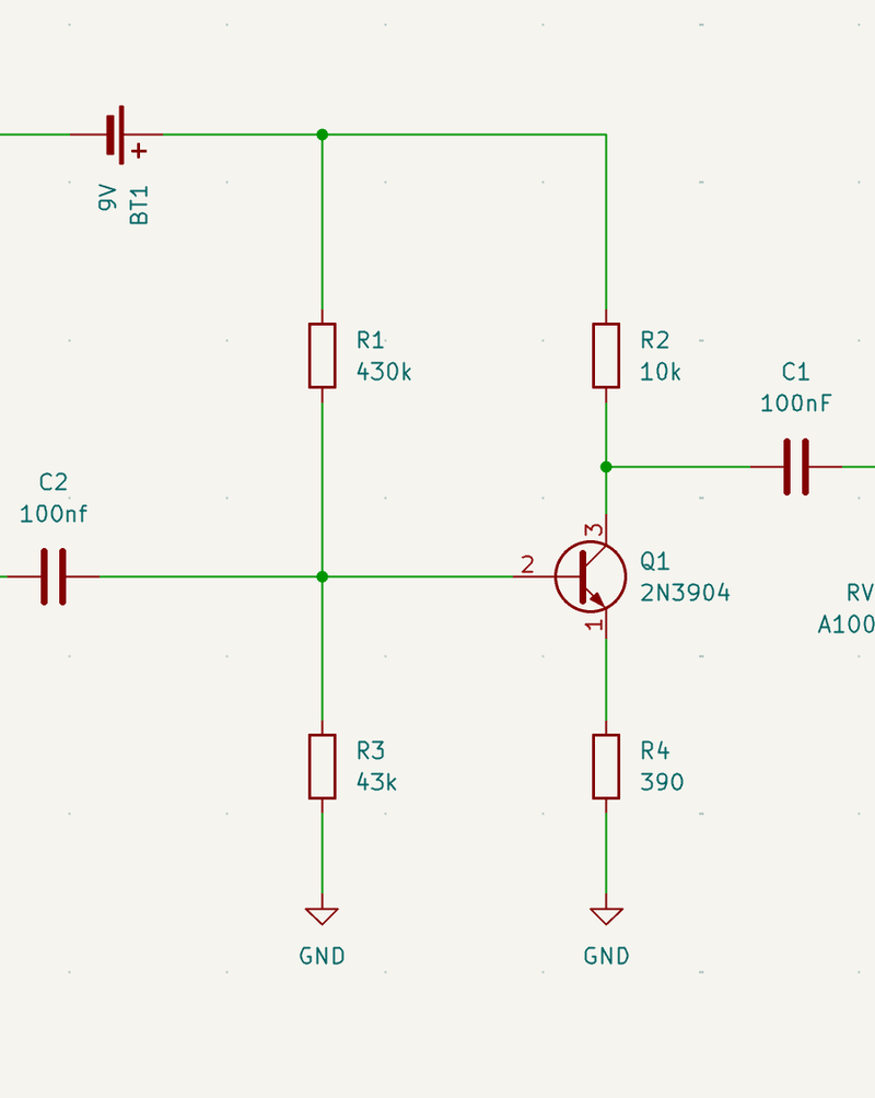 Detail of the boost pedal's KiCad schematic showing the 2N3904 transistor and its bias network