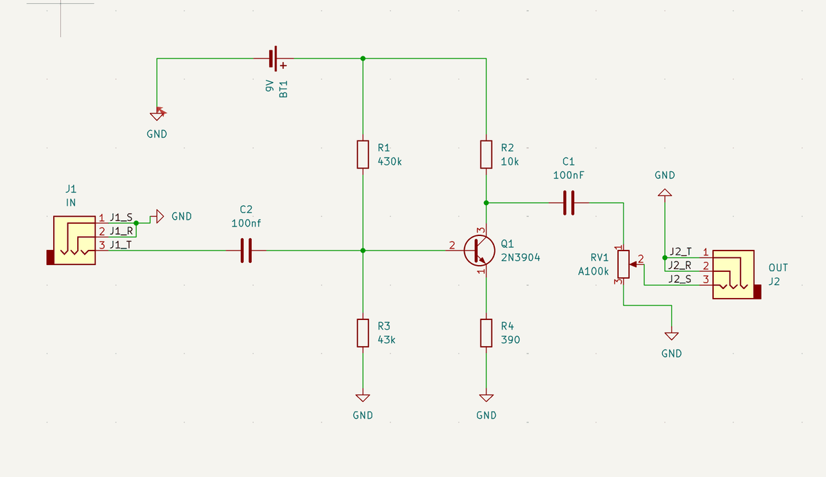 KiCad schematic of the boost pedal, from the input jack through the 2N3904 amplifier stage to the volume potentiometer and output jack